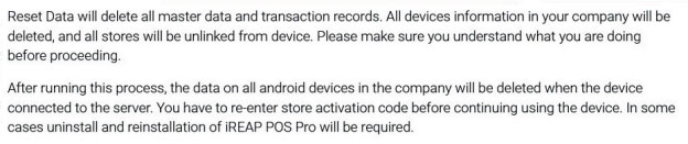 iREAP POS Pro Notification Delete All Master Data