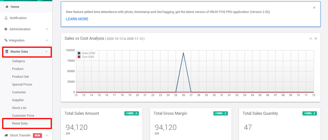 iREAP POS Pro Delete All Master Data - Go to menu Master Data and Choose Reset Data